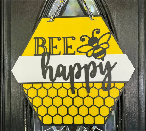 Hexagonal handcrafted bee happy door decoration in colorful handpainted beehive decor