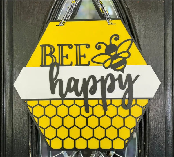 Hexagonal handcrafted bee happy door decoration in colorful handpainted beehive decor