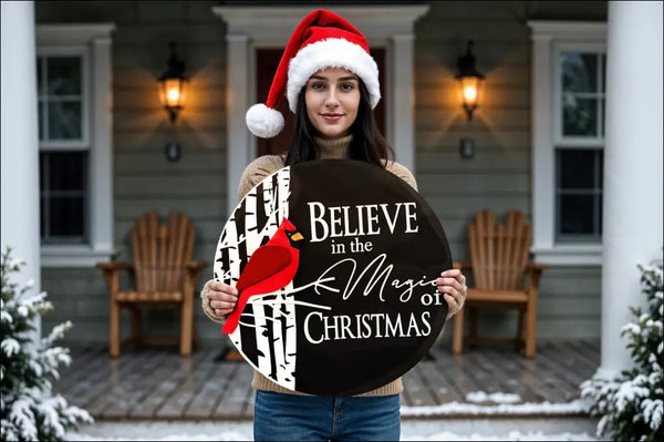 Handcrafted Christmas Door Decor featuring a festive round sign for holiday cheer