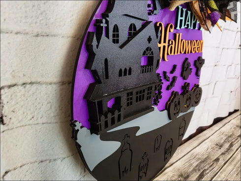 Handcrafted Halloween Door Hanger featuring Spooky Haunted House and Ghosts Decor