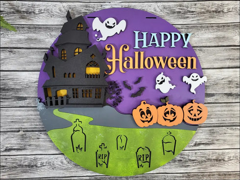 Handcrafted Halloween door hanger sign with spooky haunted house, ghosts, and pumpkins