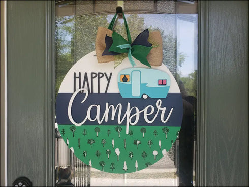 Round Happy Camper door decoration, a handpainted door decor and personalized camper door hanger