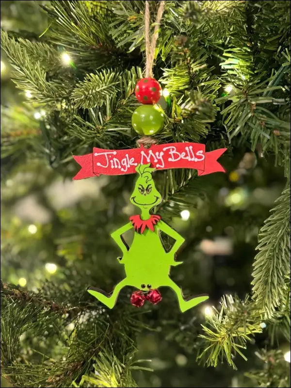 Handmade Grinch Ornament for wooden Christmas tree, a unique festive holiday keepsake