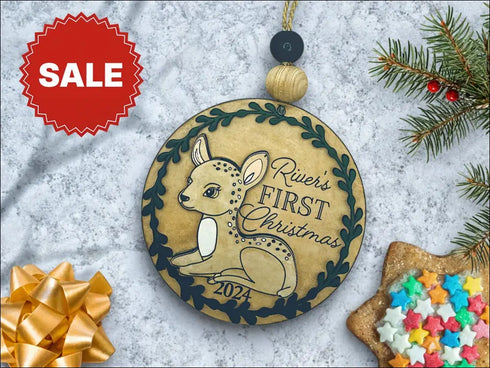 Handmade Personalized ornament featuring adorable deer design for baby’s first Christmas