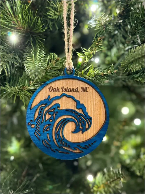 Handmade Personalized Wooden Coastal Christmas Ornament with Blue Wave Design