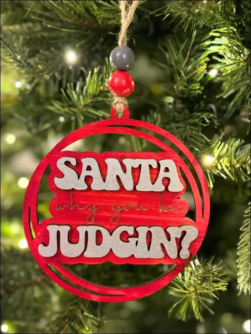 Handmade Santa Judgin Ornament in red and white, perfect for unique Christmas decor