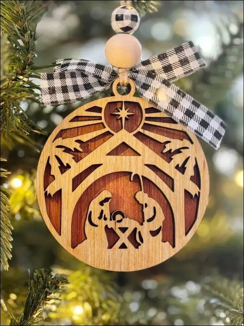 Handmade Wooden Christmas Nativity Scene Ornament with Checkered Bow for Unique Holiday Decor