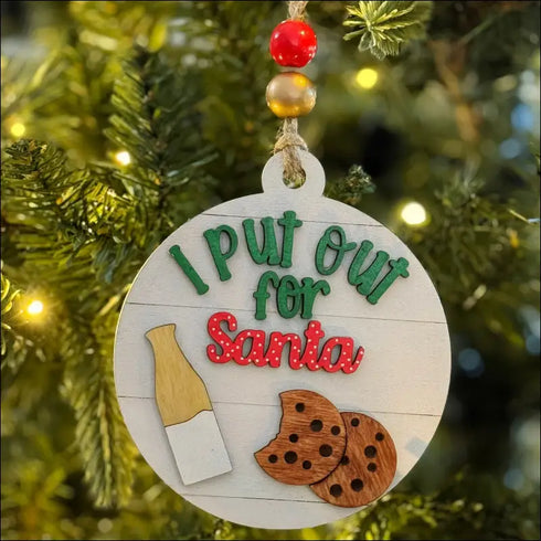 Wooden Christmas ornament featuring Santa cookies and milk for a unique holiday tree decoration