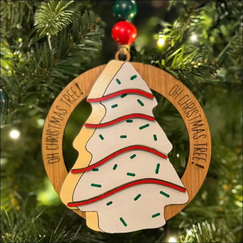 Handmade wooden Christmas tree cake ornament for festive holiday decorating