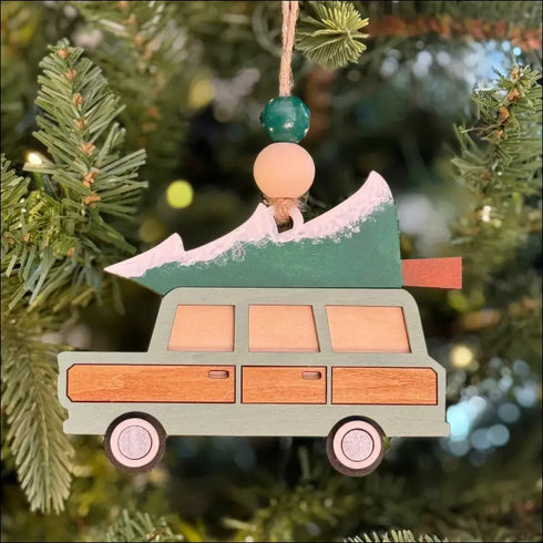 Handmade Wooden Christmas ornament of a Rustic Holiday Station Wagon for tree decoration