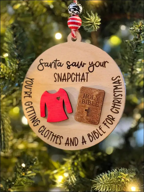 Humorous Handmade Wooden Santa Ornament for Snapchat Inspired Holiday Decoration