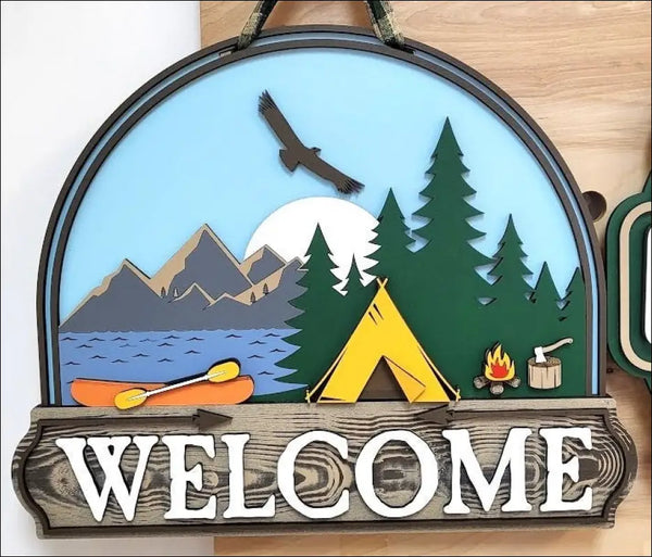 Handpainted Camping Welcome Door Sign featuring rustic outdoor decor and mountain scene art