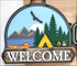 Handpainted Camping Welcome Door Sign featuring rustic outdoor decor and mountain scene art
