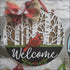 Round door hanger sign featuring handpainted cardinal and birch trees with rustic wooden wreath
