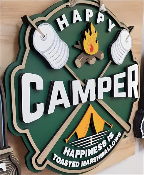 Handpainted Happy Camper Wood Door Sign showcasing rustic camping decor for outdoor lovers