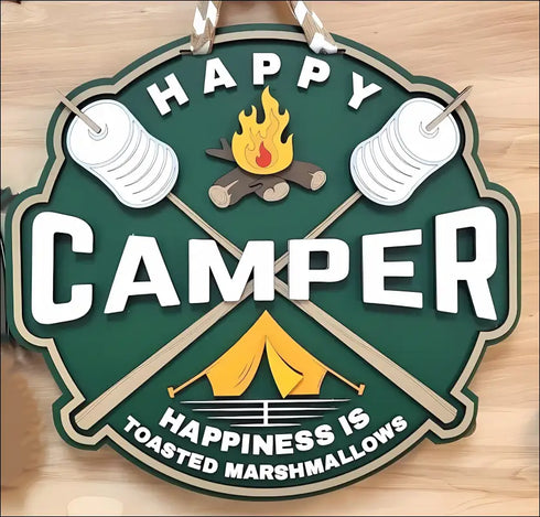 Happy Camper Wood sign showcasing rustic camping decor for outdoor enthusiasts