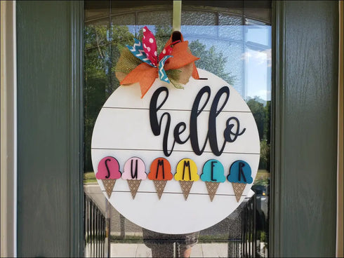 Handpainted Hello Summer Door Hanger featuring a colorful ice cream cone door decor