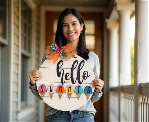 Handpainted summer door hanger featuring a colorful ice cream cone welcome sign