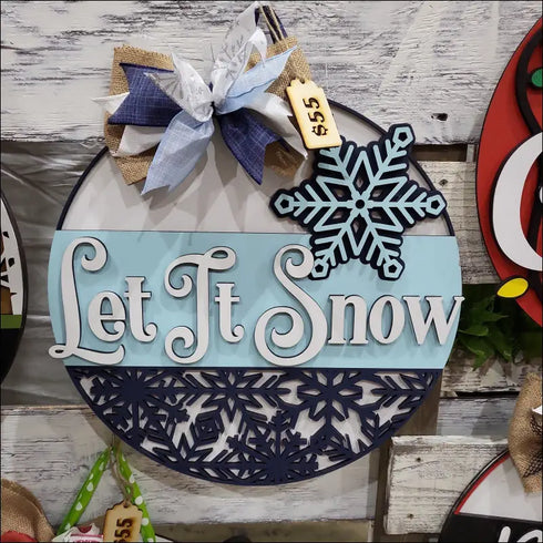 Circular Let It Snow ornament on Handpainted Winter Door Hanger Rustic Door Decoration