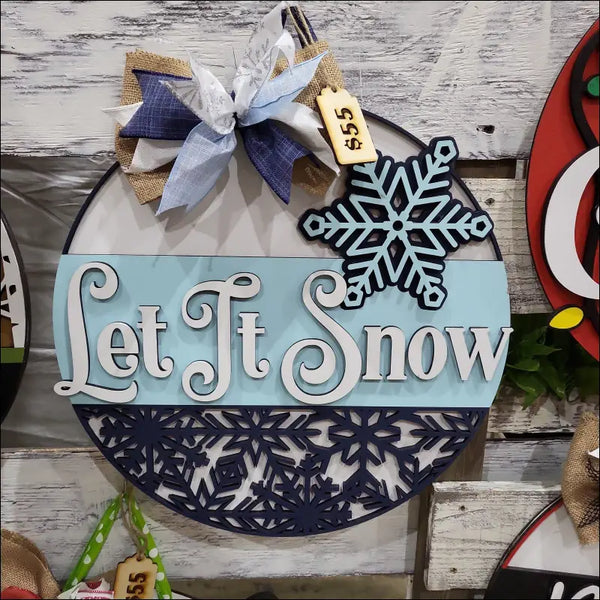 Circular Let It Snow ornament on Handpainted Winter Door Hanger Rustic Door Decoration