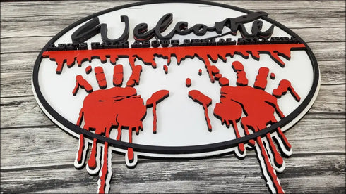 Halloween door hanger sign with bloody handprints for true crime fans and serial killers crime decor