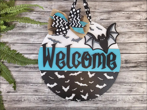 Handpainted wood door hanger with bats, Halloween welcome sign for front door decor