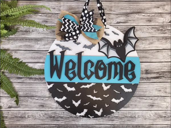 Handpainted wood door hanger with bats, Halloween welcome sign for front door decor
