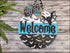 Handpainted wood door hanger with bats, Halloween welcome sign for front door decor