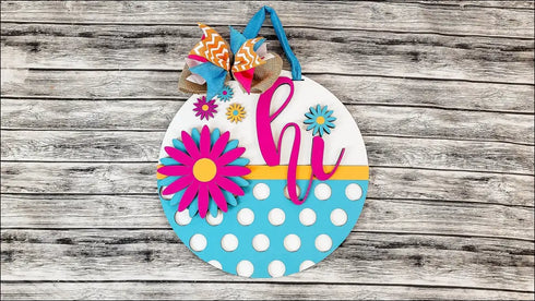 Colorful Hi door hanger on handpainted wood door, perfect polka dot door decor