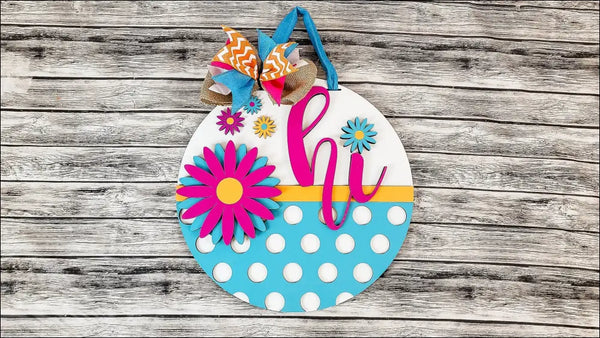 Colorful Hi door hanger on handpainted wood door, perfect polka dot door decor