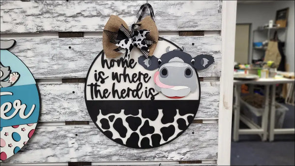 Cow-themed door hanger rustic with bow for a handpainted wood door sign