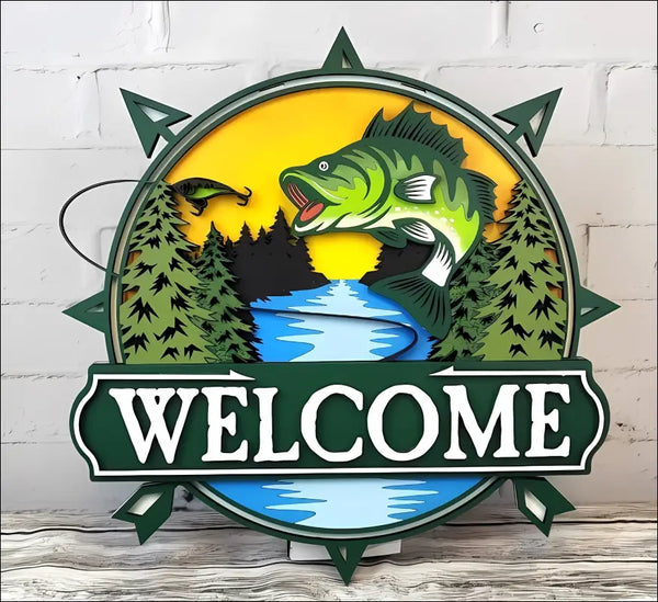 Handpainted wood door sign featuring a river scene fish for rustic home decor