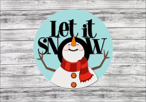 Handpainted wood door sign featuring winter snowman and Let It Snow text for rustic decor