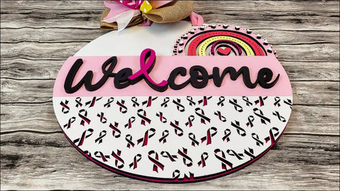 Handpainted wood door sign with breast cancer awareness ribbon and rainbow door hanger