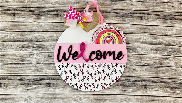 Handpainted wood door sign with rainbow door hanger for Breast Cancer Awareness