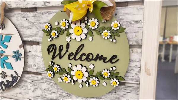 Handpainted wood welcome sign, floral door hanger for rustic home decor and housewarming gifts
