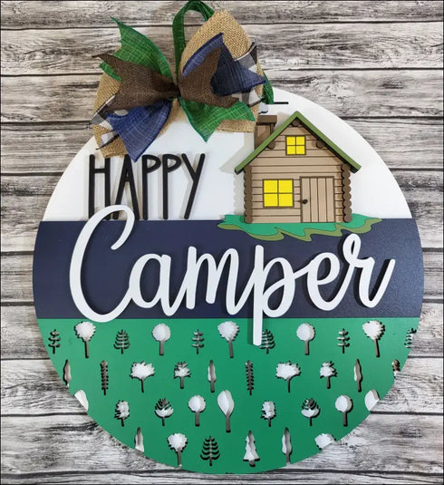 Happy Camper Handpainted Wood Door Sign for rustic outdoor living decor and cabin entryway