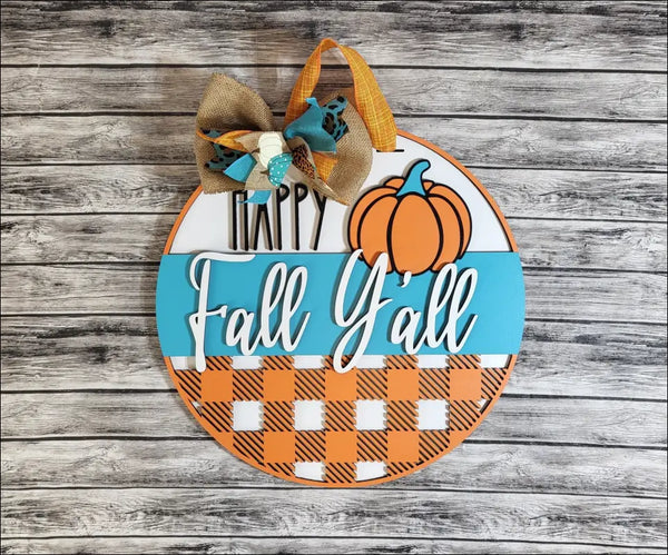 Happy Fall Y’all Buffalo Plaid round door hanger for a festive autumn decor