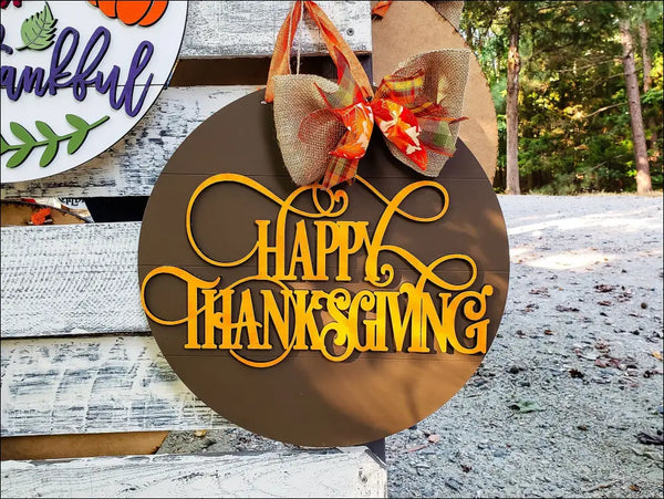 Happy Thanksgiving Wood Door Hanger with Bow for Rustic Autumn Front Door Decor