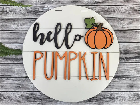 Round Hello Pumpkin Fall Door Hanger, rustic autumn pumpkin sign for seasonal decor