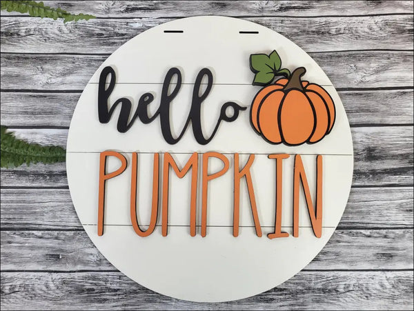 Round Hello Pumpkin Fall Door Hanger, rustic autumn pumpkin sign for seasonal decor