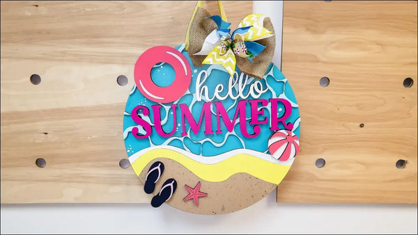 Colorful handpainted wood door sign for summer, featuring a beach theme door hanger