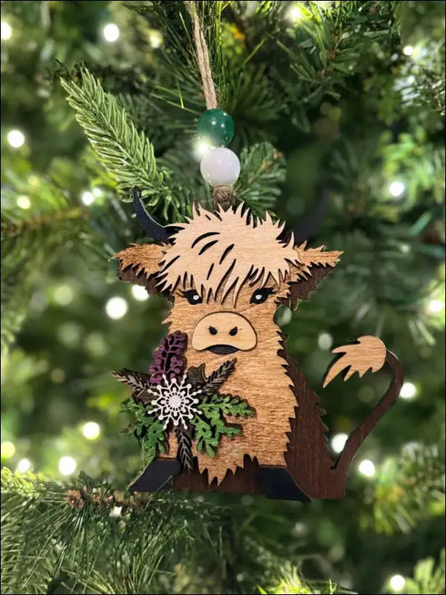 Wooden Highland Cow Ornament with Flowers for a Handmade Christmas Tree Decoration