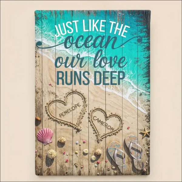 Romantic love runs deep canvas print with beach design and sand-drawn hearts for couples