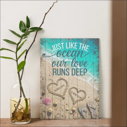 Beach Canvas Print with Turquoise Waves, Hearts for Penelope and Cameron