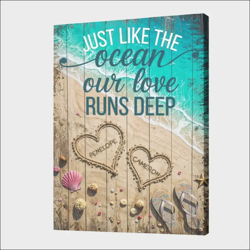 Beach canvas print with heart sand drawings for Penelope and Cameron