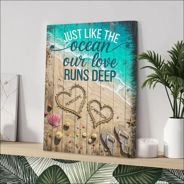Beach canvas print of turquoise waves, hearts for Penelope and Cameron, love runs deep