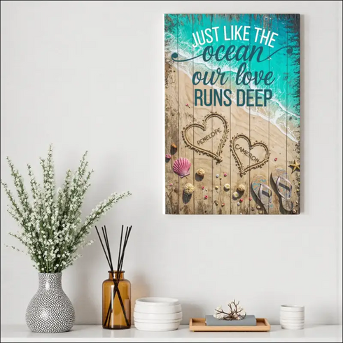Beach canvas print with love runs deep quote and heart sand drawings