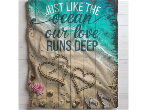 Beach-themed personalized Sherpa fleece blanket showcasing ocean-inspired design and sentiment