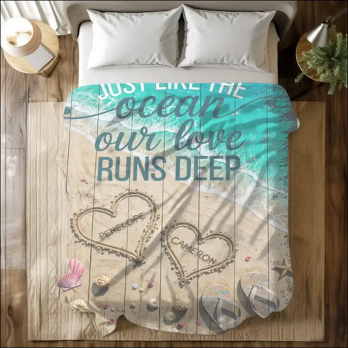 Personalized beach-themed Sherpa fleece blanket with ocean design for cozy comfort